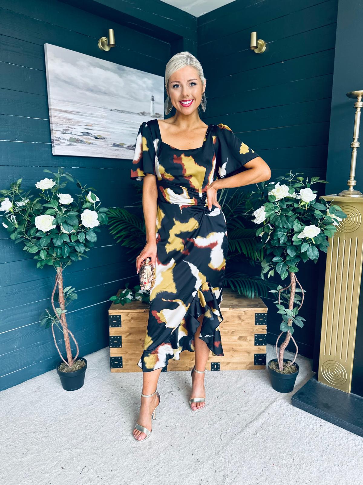 Heidi Print Ruched Midi Dress Abstract Black