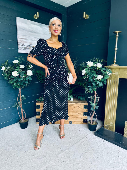 Dove Ruched Detail Midi Dress Polka Black