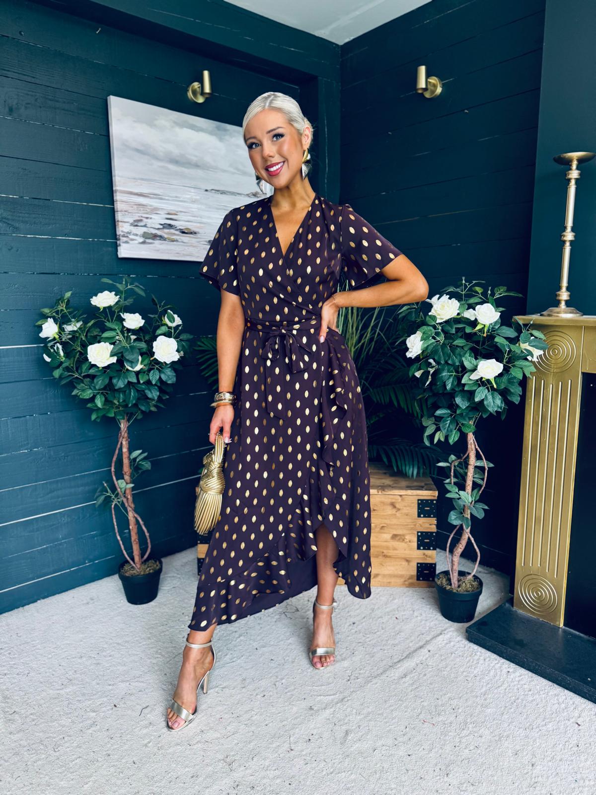 Farren Frill Detail Maxi Dress Brown/Mulberry Foil
