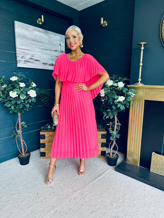 Muireann Cape Detail Midi Dress Neon Pink