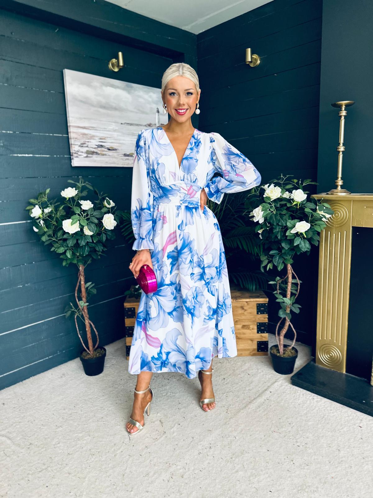 Brianna Banded Midi Dress Floral Blue