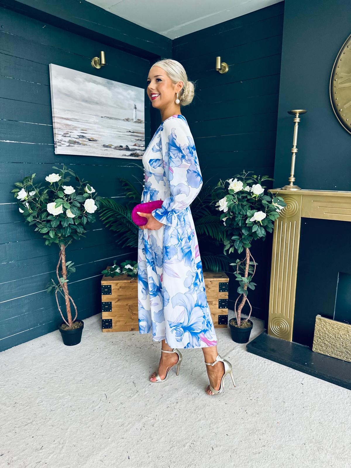 Brianna Banded Midi Dress Floral Blue