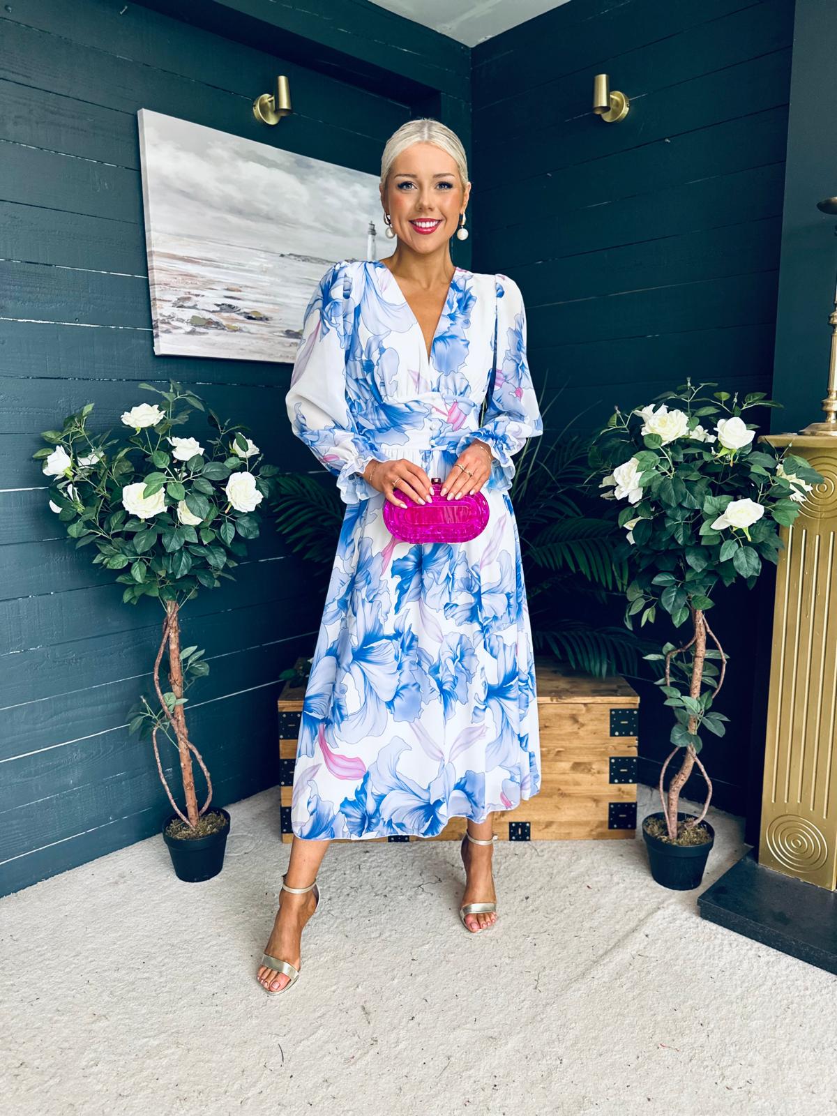 Brianna Banded Midi Dress Floral Blue