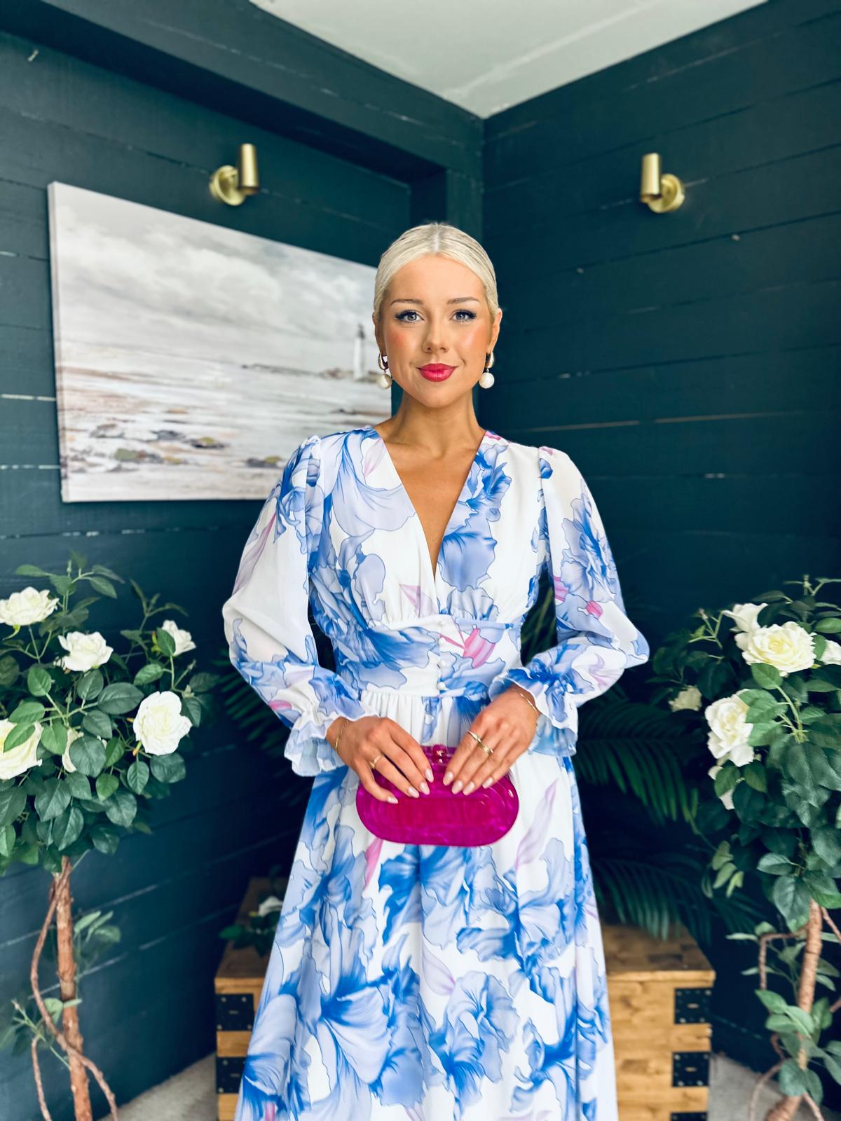 Brianna Banded Midi Dress Floral Blue