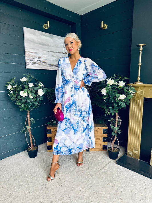 Brianna Banded Midi Dress Floral Blue