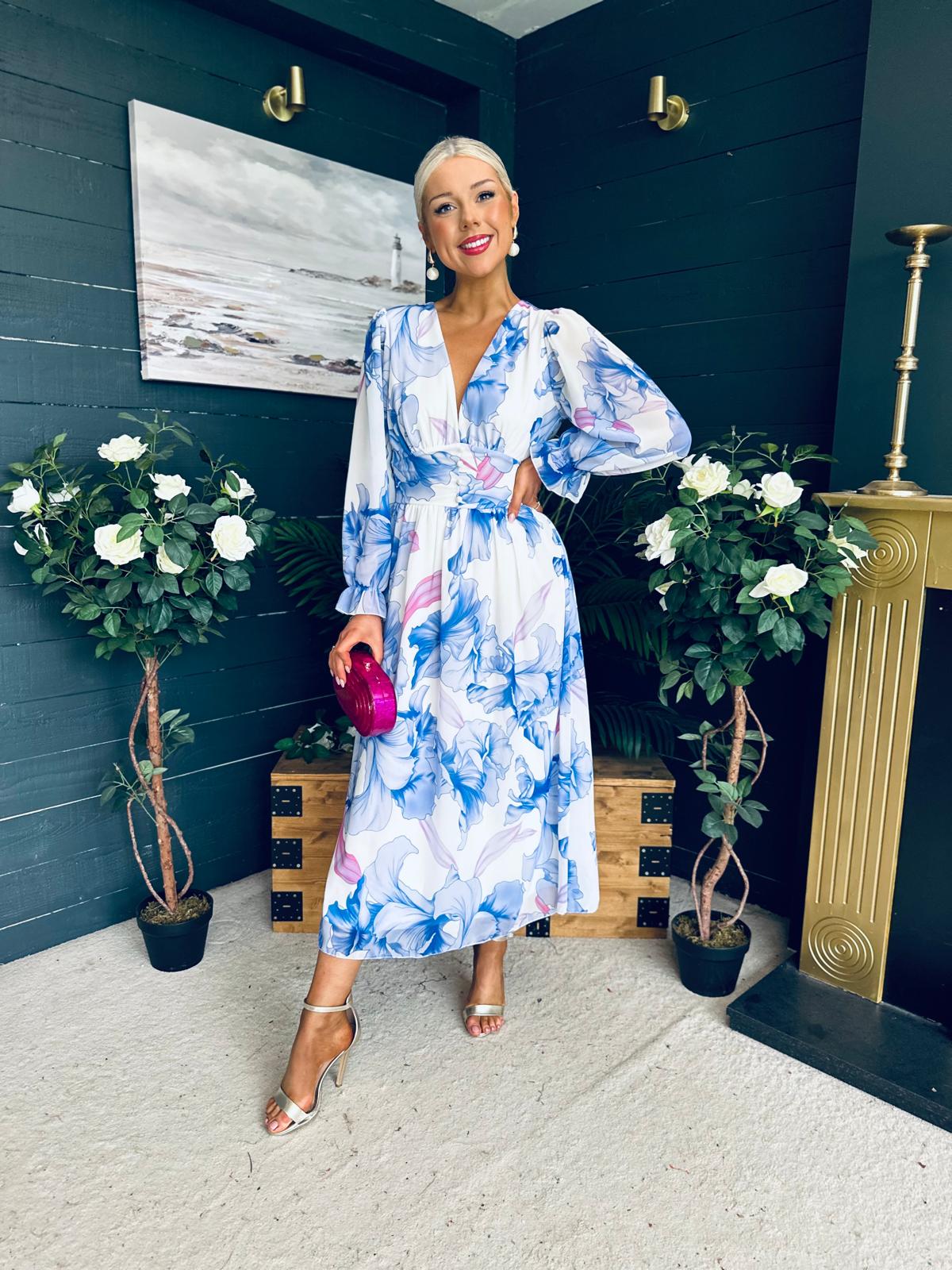 Brianna Banded Midi Dress Floral Blue