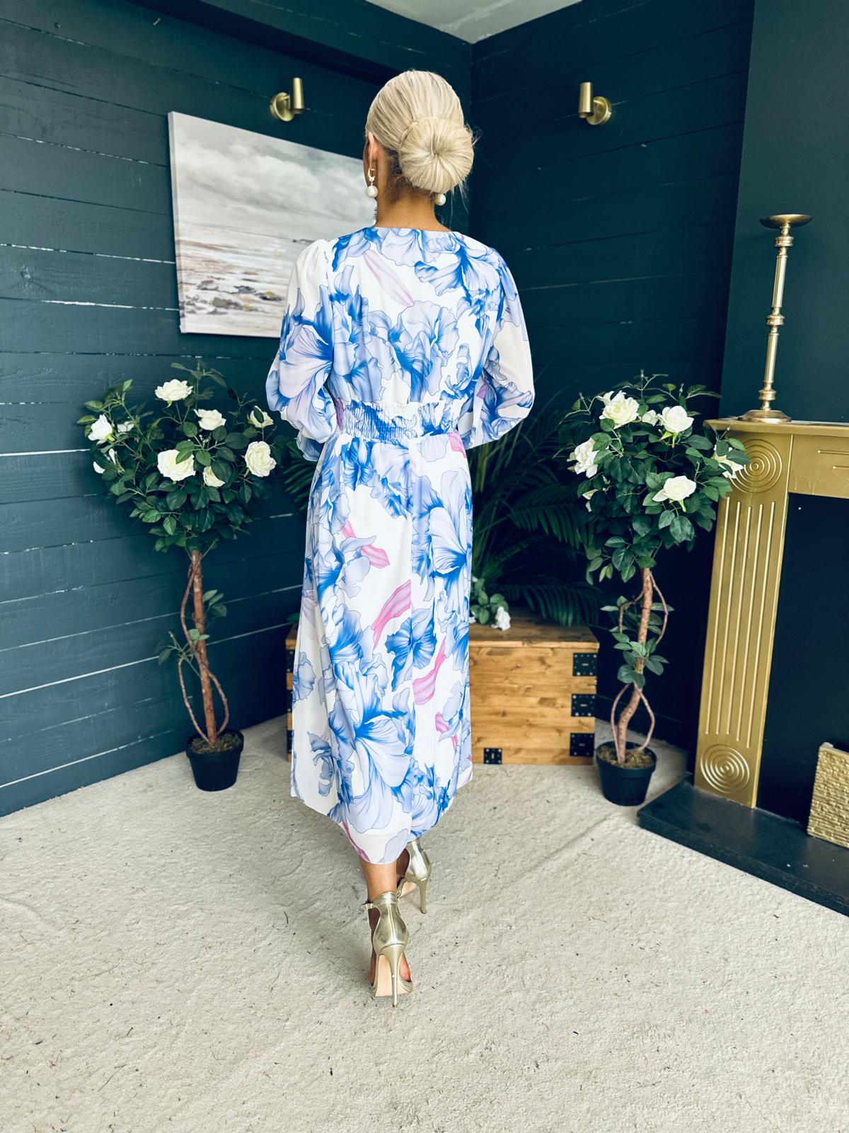 Brianna Banded Midi Dress Floral Blue