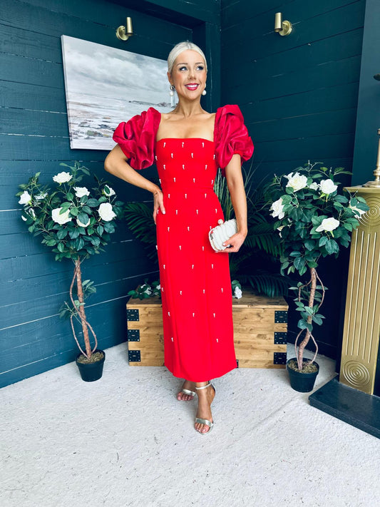 Ivy Embellished Occasion Dress Red