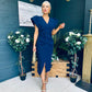 Katniss Statement Sleeve Pleat Detail Midi Dress Navy