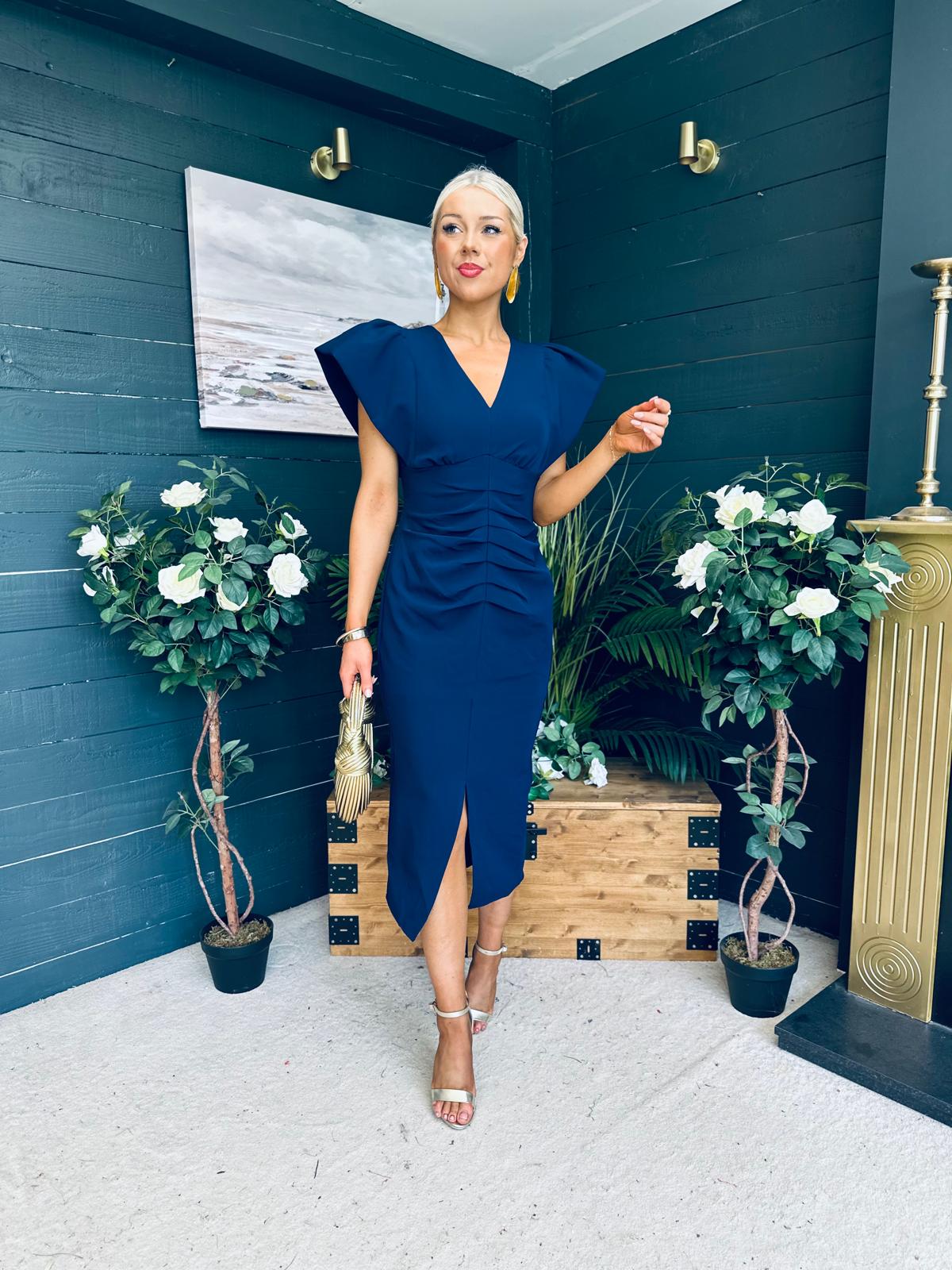 Katniss Statement Sleeve Pleat Detail Midi Dress Navy