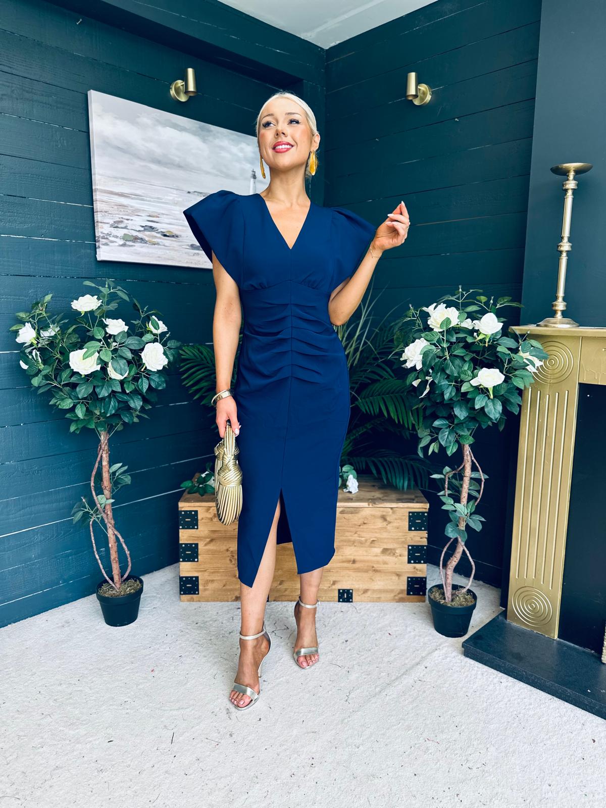 Katniss Statement Sleeve Pleat Detail Midi Dress Navy