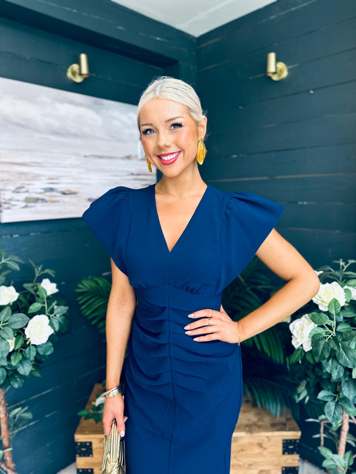 Katniss Statement Sleeve Pleat Detail Midi Dress Navy