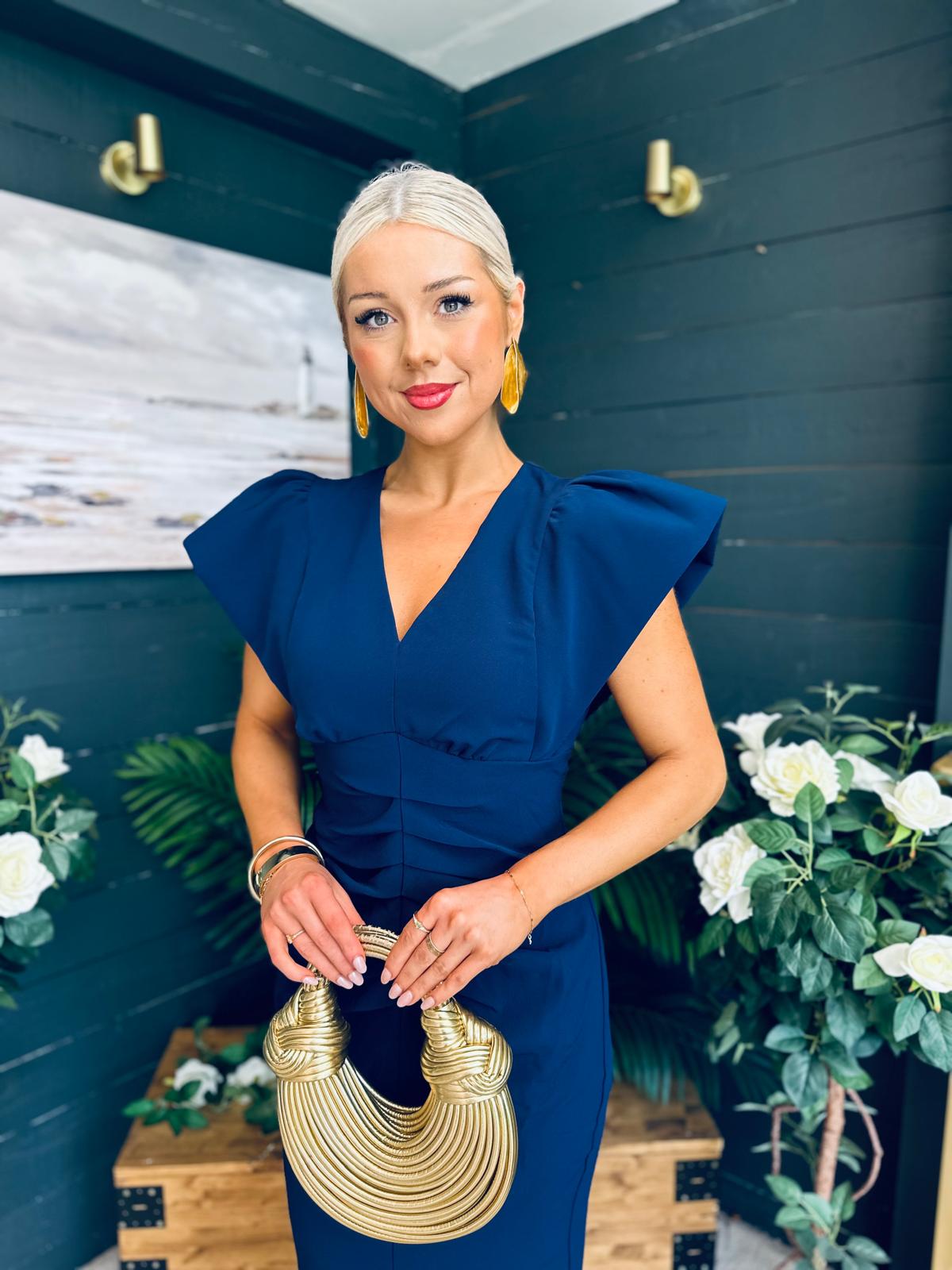 Katniss Statement Sleeve Pleat Detail Midi Dress Navy