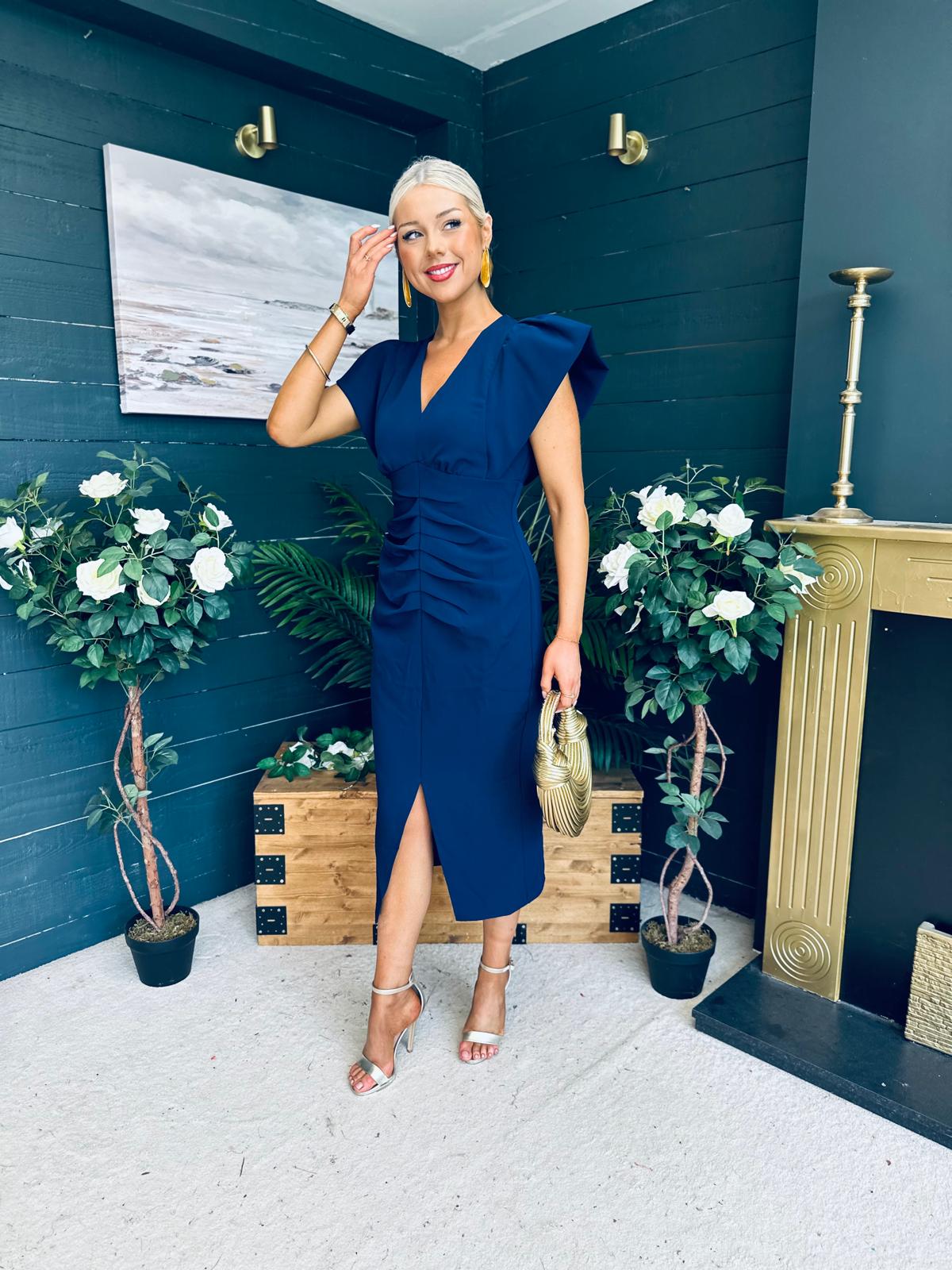 Katniss Statement Sleeve Pleat Detail Midi Dress Navy