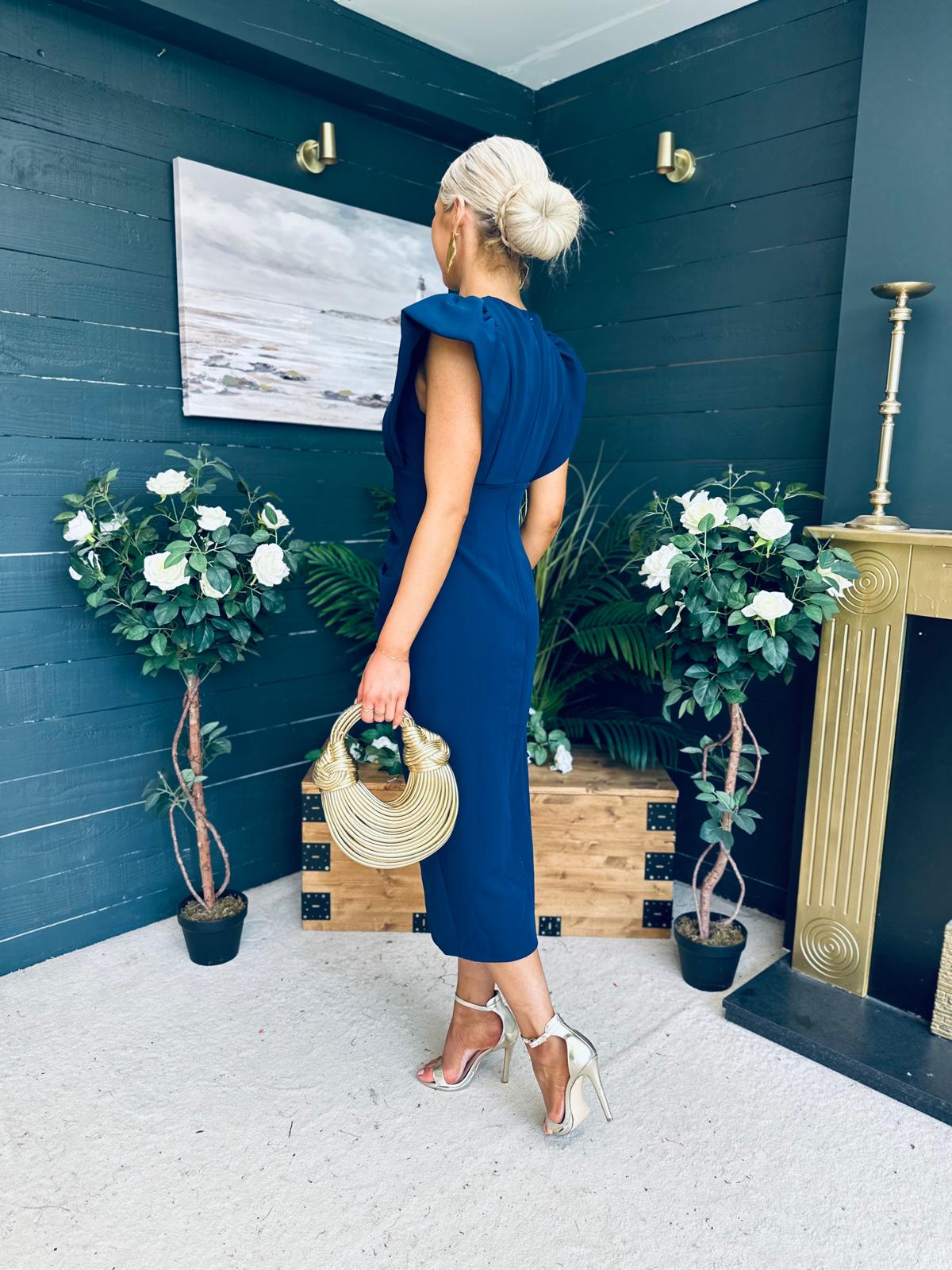 Katniss Statement Sleeve Pleat Detail Midi Dress Navy