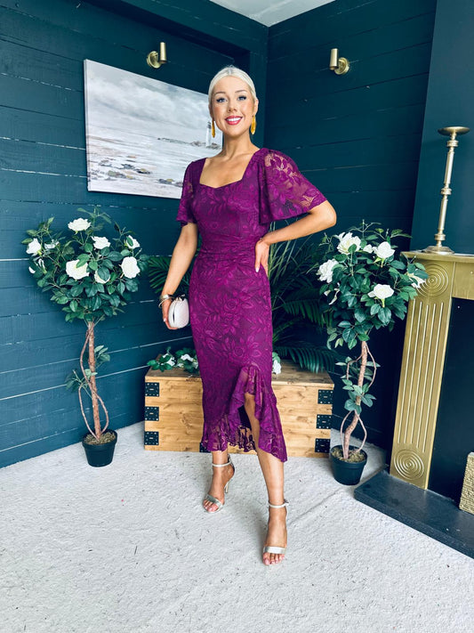 Heidi Ruched Occasion Midi Dress Plum Lace