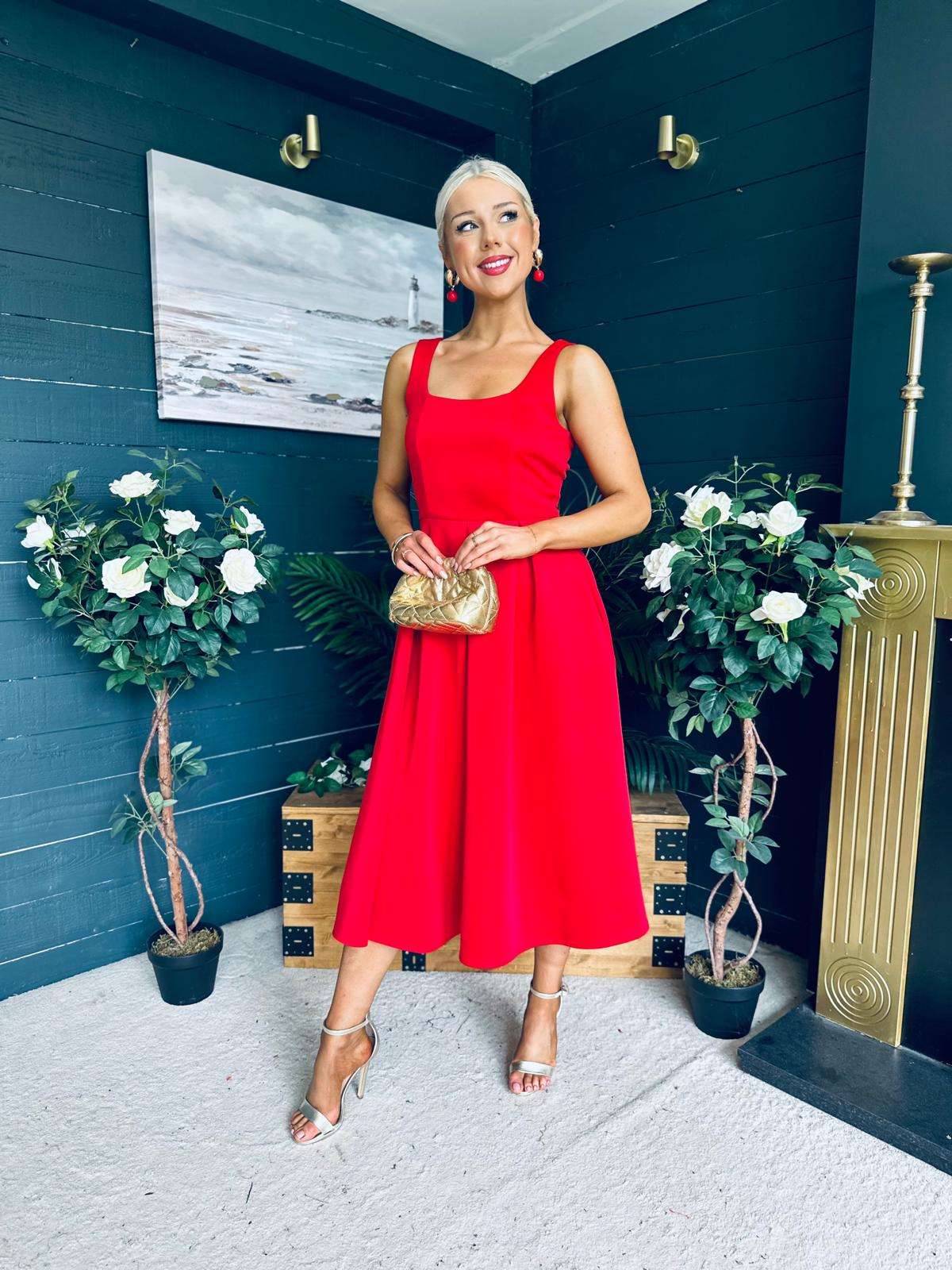Erica Square Neck Midi Dress Red