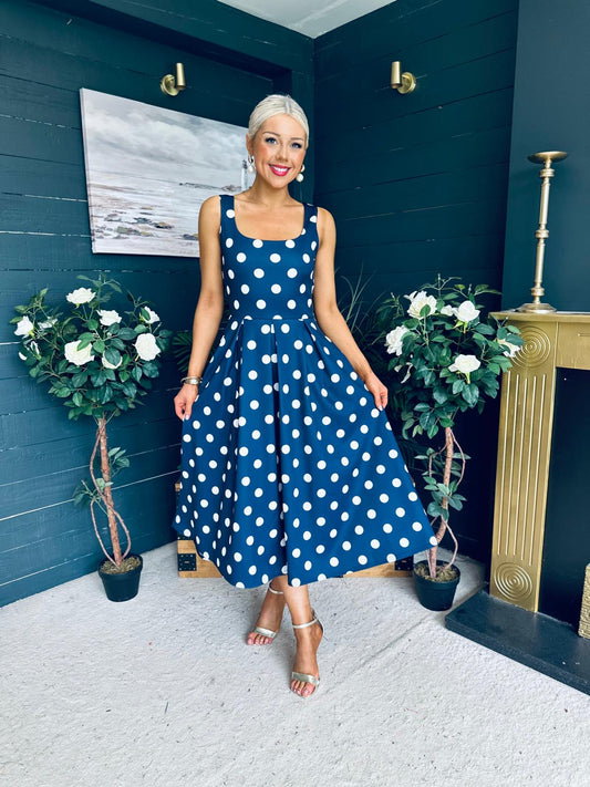 Erica Square Neck Midi Dress Navy Polka