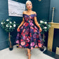 Daphne Off The Shoulder Skater Midi Dress Dark Floral