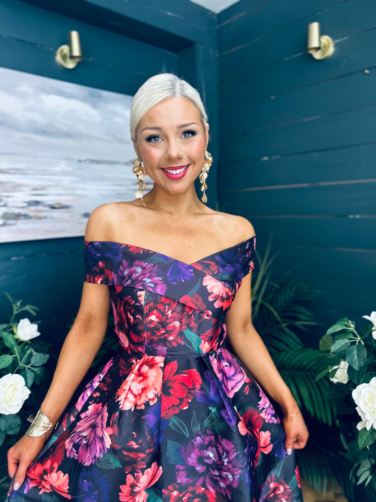 Daphne Off The Shoulder Skater Midi Dress Dark Floral