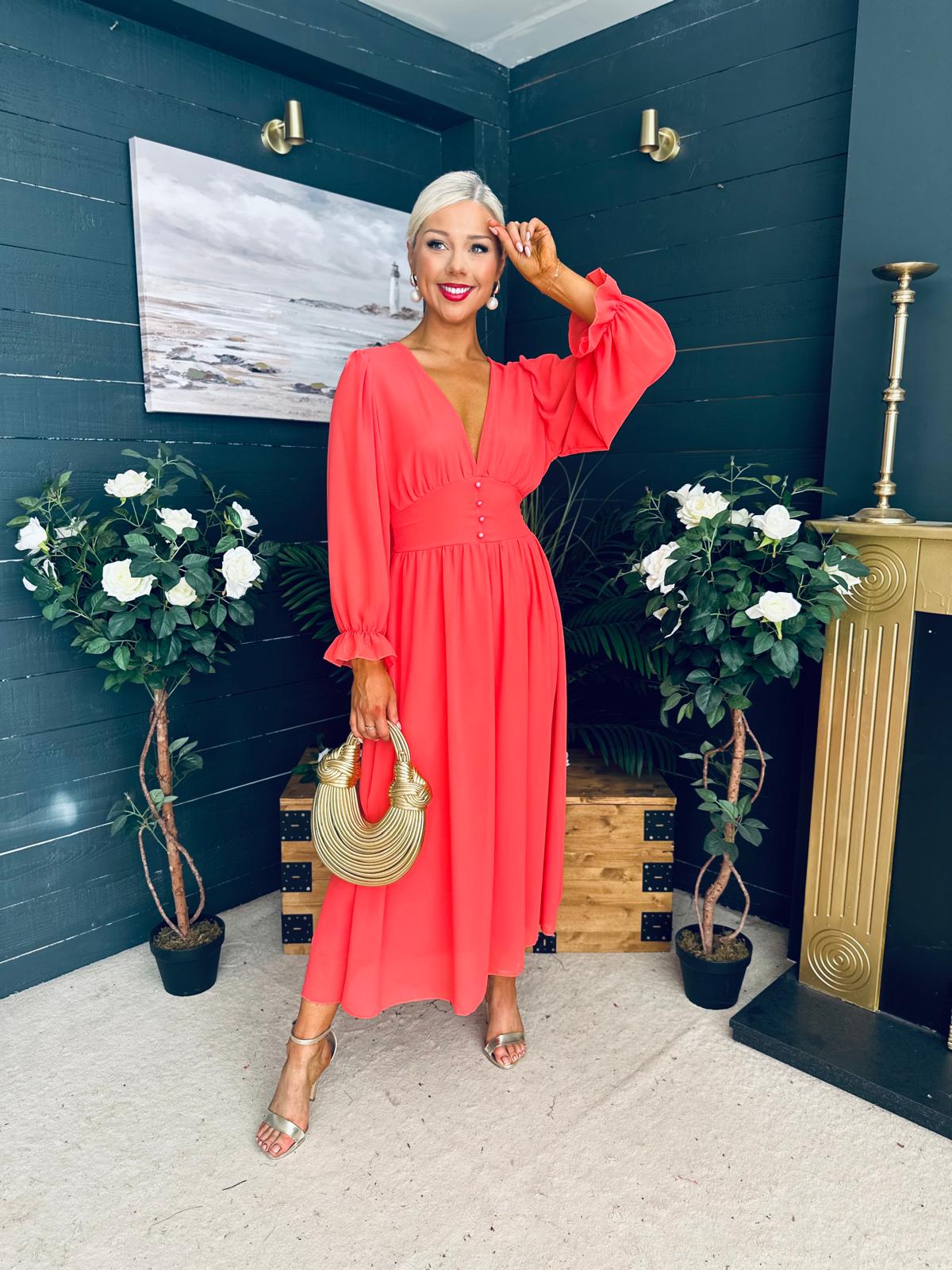 Cliona Banded Midi Dress Coral