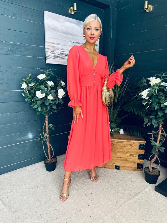 Cliona Banded Midi Dress Coral