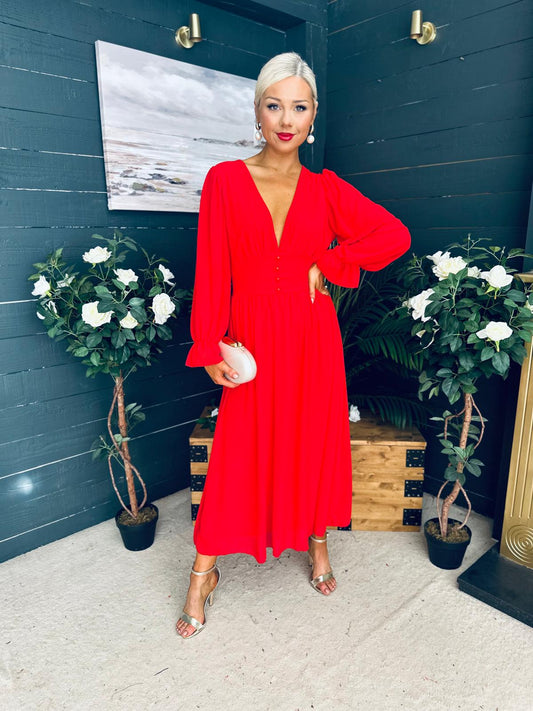 Cliona Banded Midi Dress Red