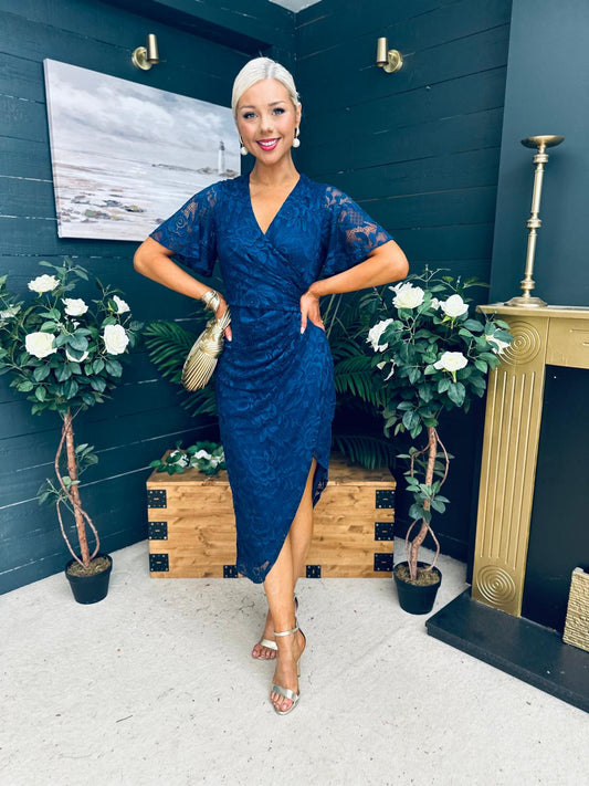 Natasha Angel Sleeve Midi Dress In Navy Lace