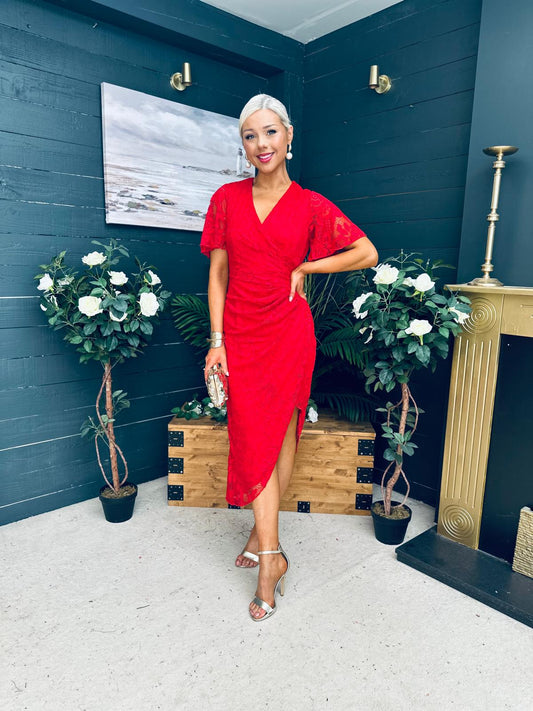 Natasha Angel Sleeve Midi Dress In Red Lace