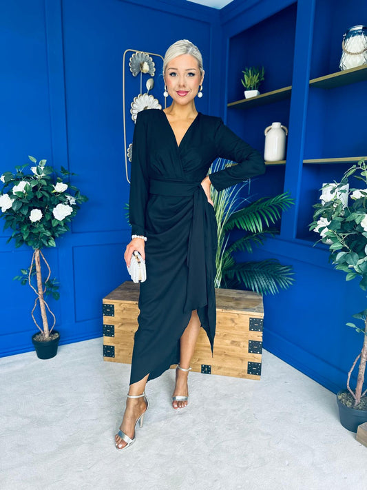 Bria Gathered Detail Midi Dress Black