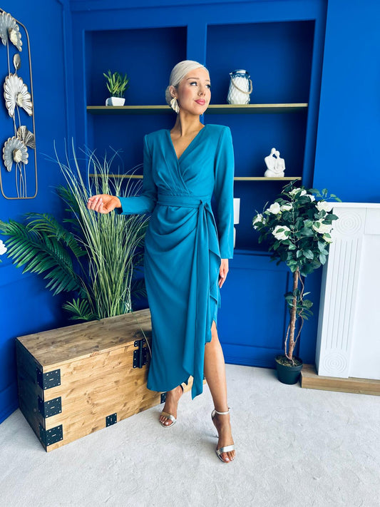 Bria Gathered Detail Midi Dress Teal