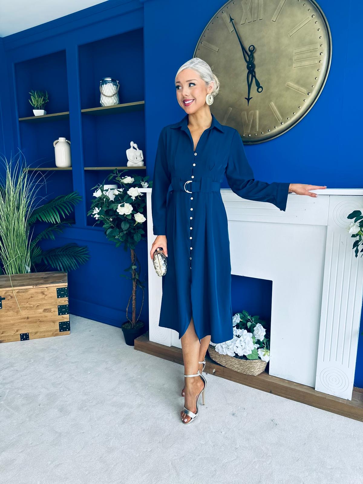 Grace Buckle Detail Midi Shirt Dress Navy