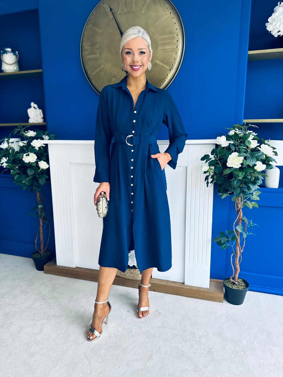 Grace Buckle Detail Midi Shirt Dress Navy