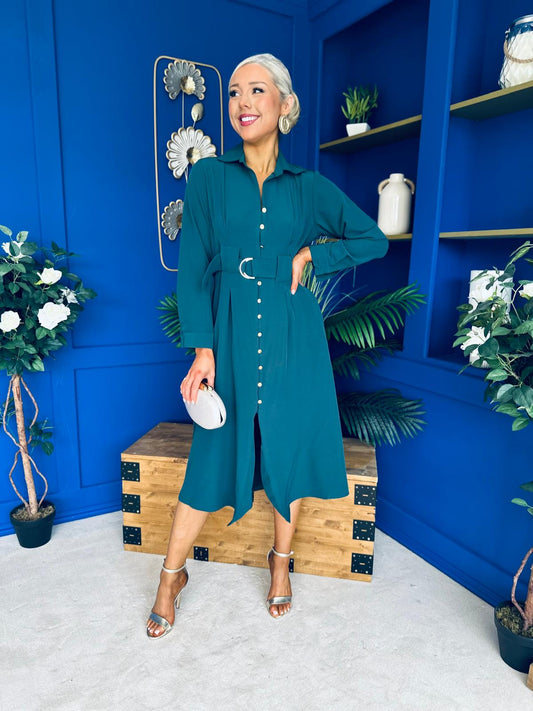 Grace Buckle Detail Midi Shirt Dress Forest
