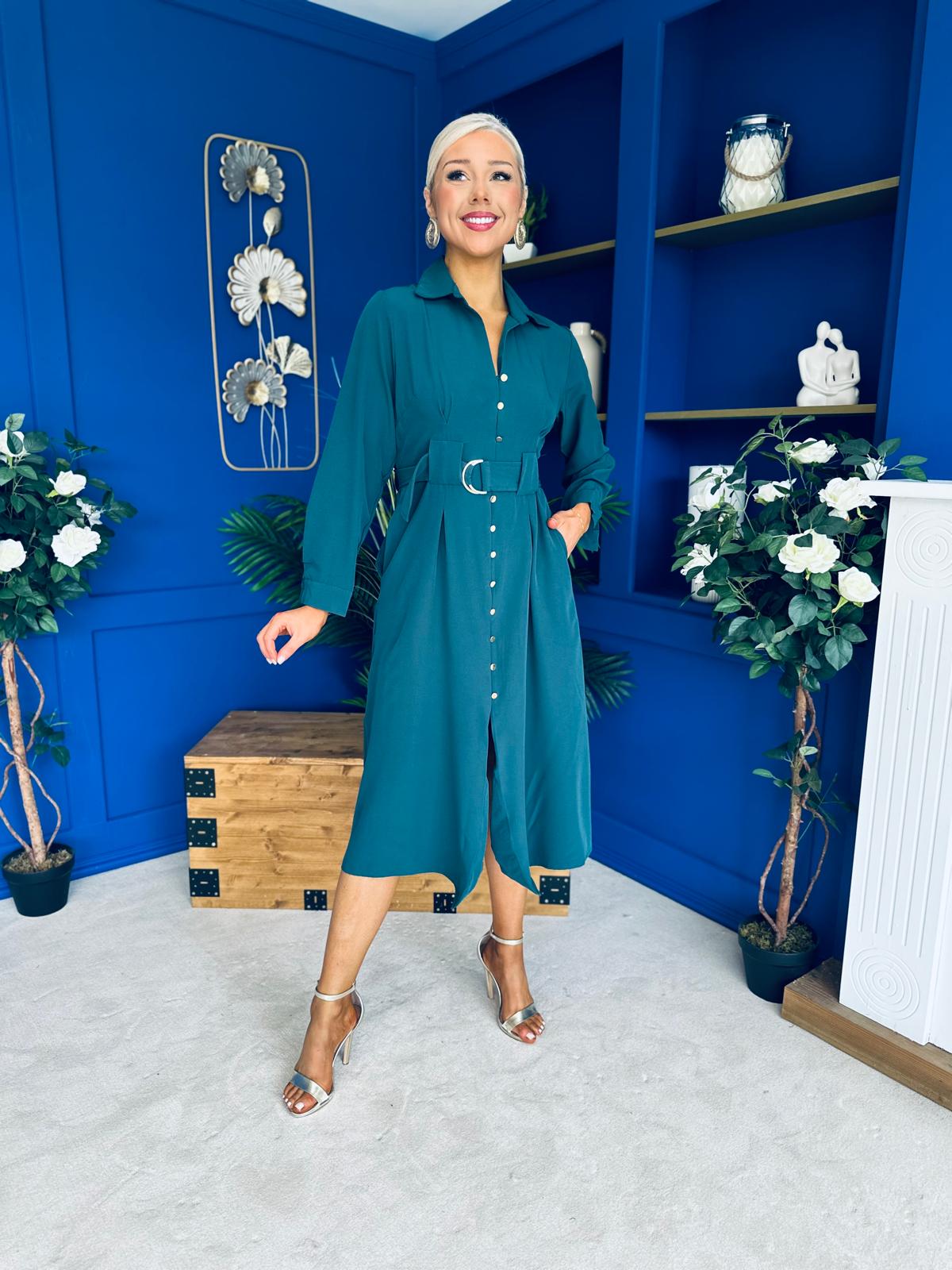 Grace Buckle Detail Midi Shirt Dress Forest
