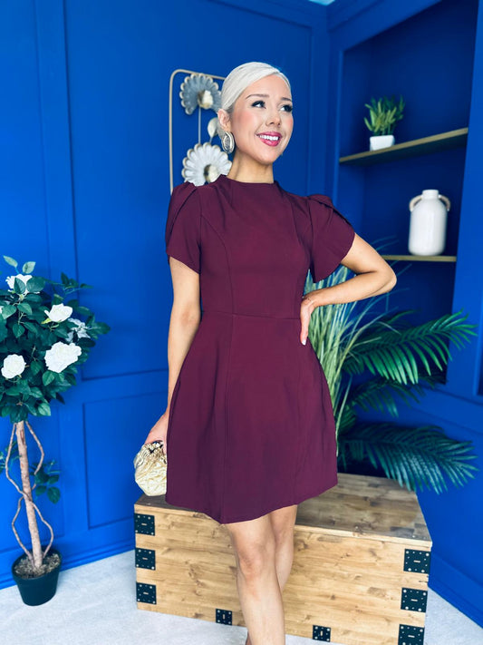 Ami Tulip Sleeve High Neck Mini Dress Wine