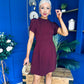 Ami Tulip Sleeve High Neck Mini Dress Wine