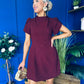 Ami Tulip Sleeve High Neck Mini Dress Wine