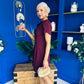 Ami Tulip Sleeve High Neck Mini Dress Wine
