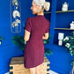 Ami Tulip Sleeve High Neck Mini Dress Wine