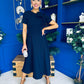 Minta Bow Detail Short Sleeve Midi Dress Navy