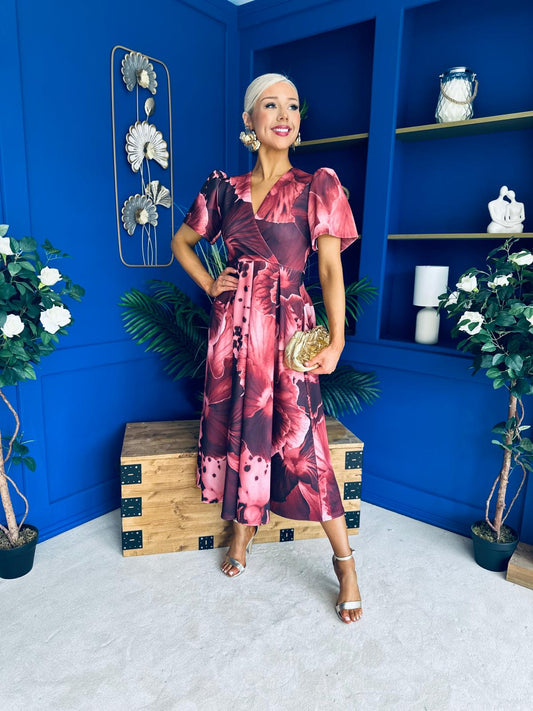 Dora Puff Sleeve Midi Wine Floral