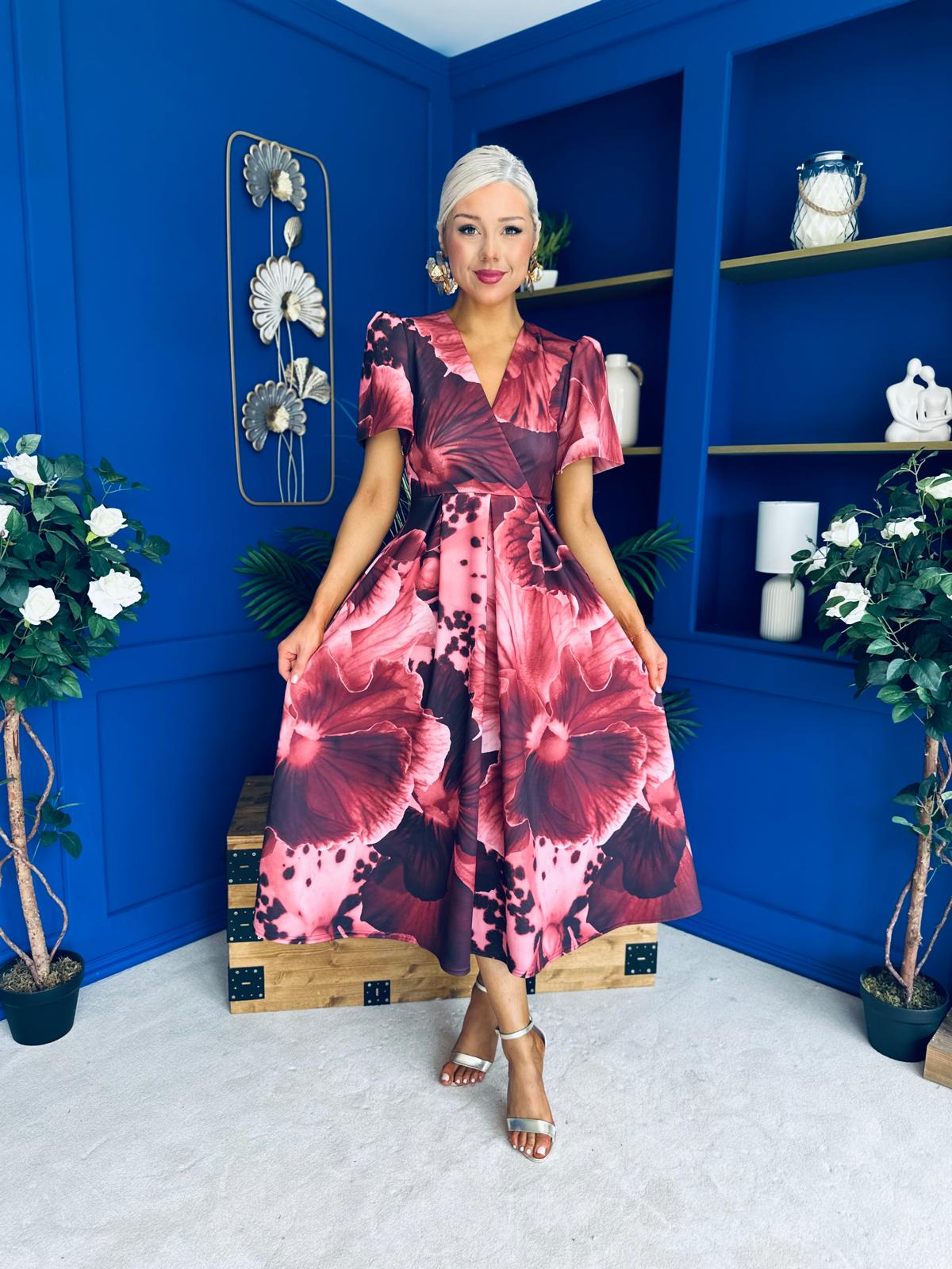 Dora Puff Sleeve Midi Wine Floral