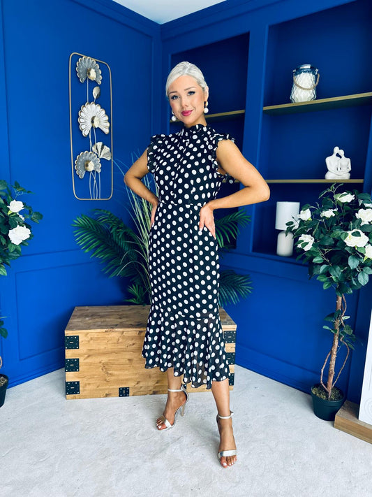 Hannah Frill Sleeve Button Front Midi Dress Black Polka