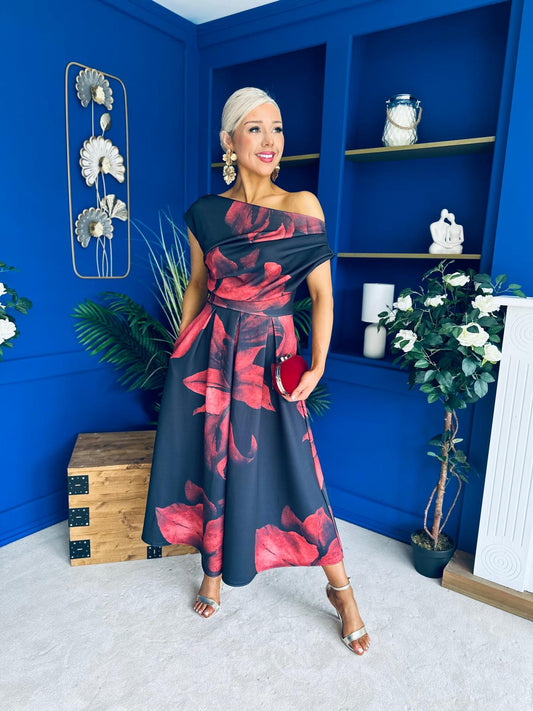 Breffy Asymmetric Neckline Skater Midi Black Floral
