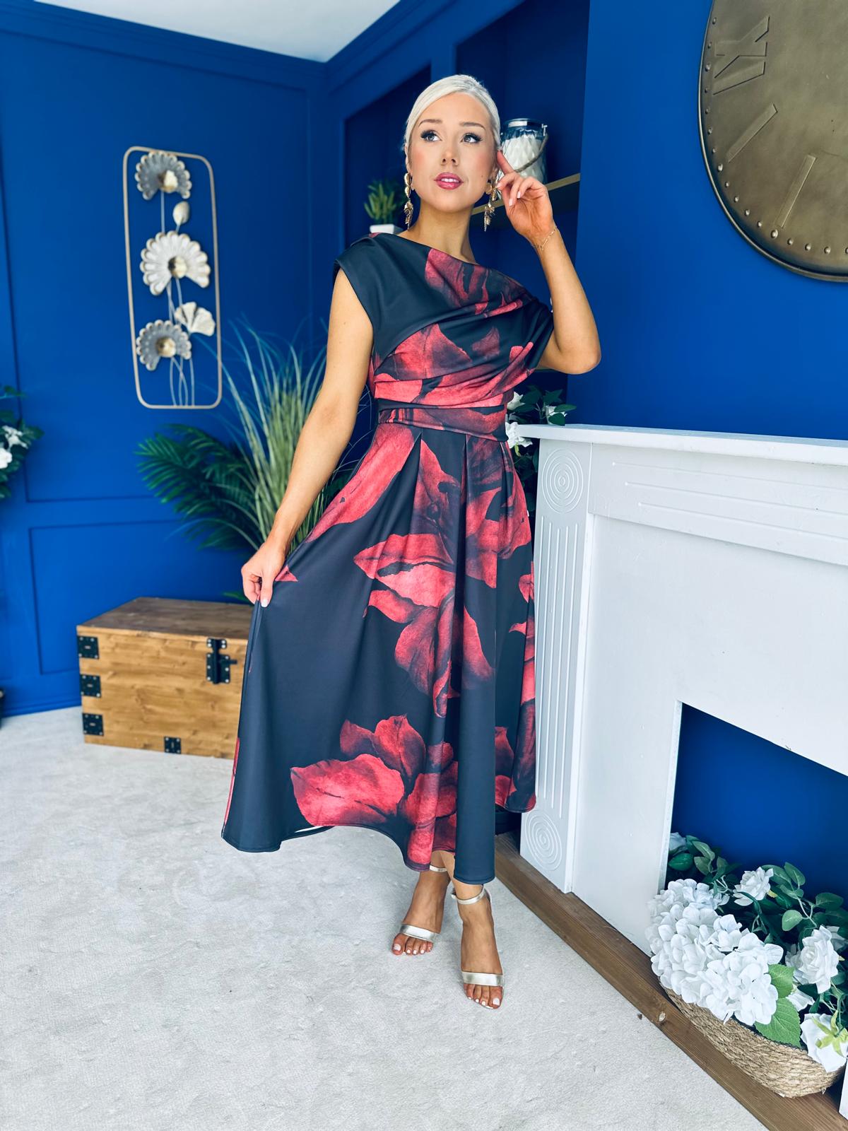 Breffy Asymmetric Neckline Skater Midi Black Floral
