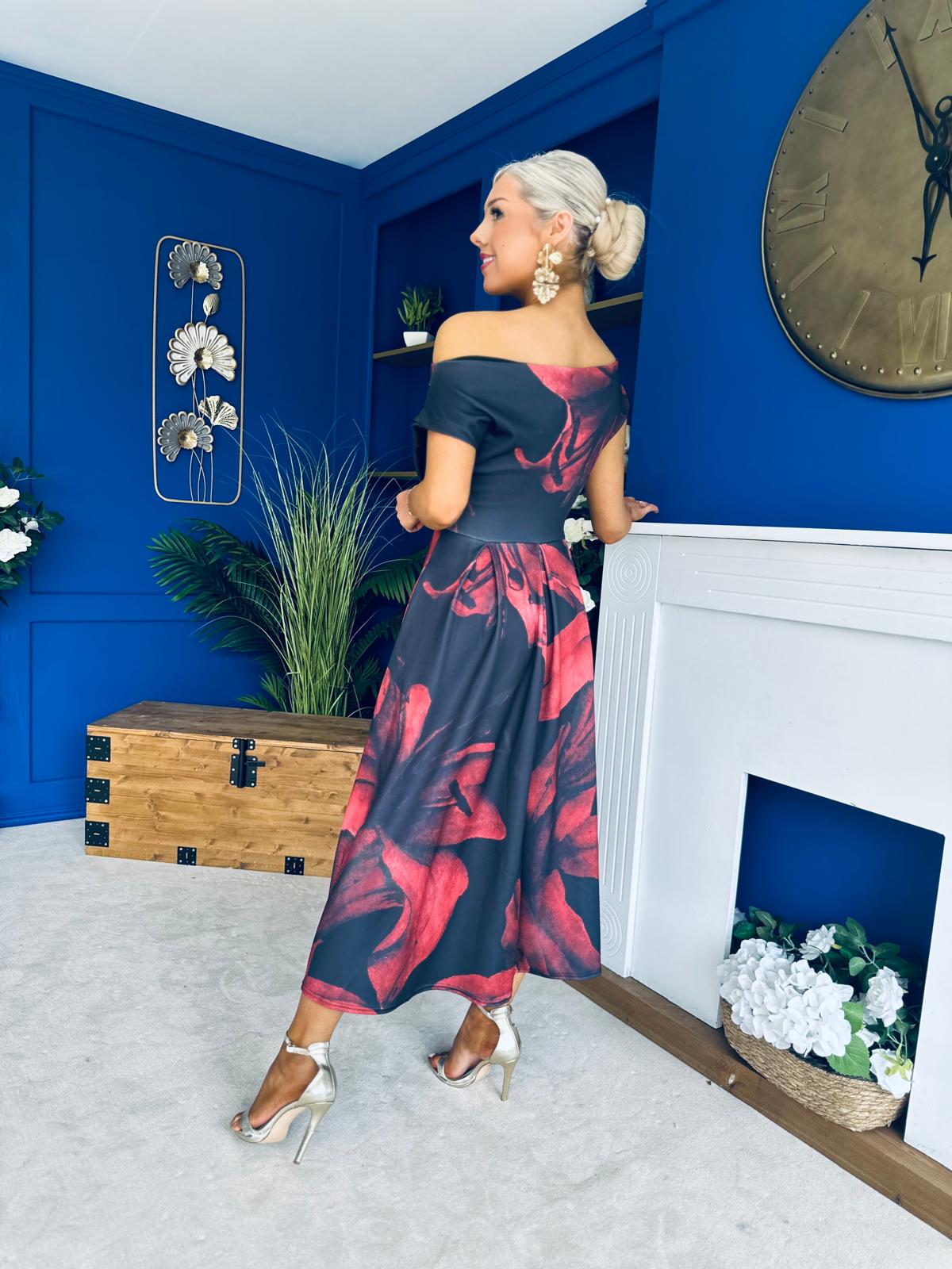 Breffy Asymmetric Neckline Skater Midi Black Floral