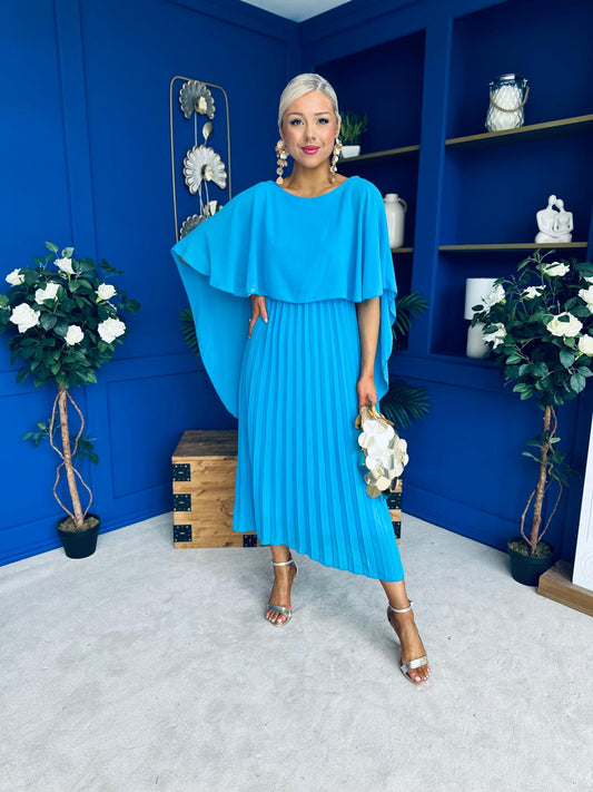 Blaithin Cape Detail Occasion Dress Cyan