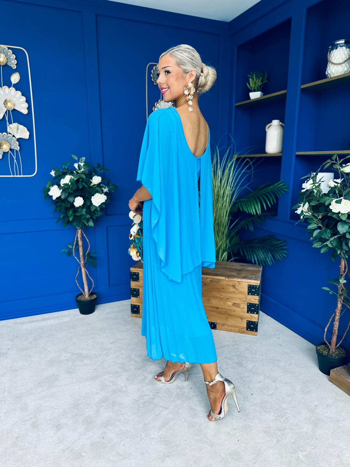 Blaithin Cape Detail Occasion Dress Cyan