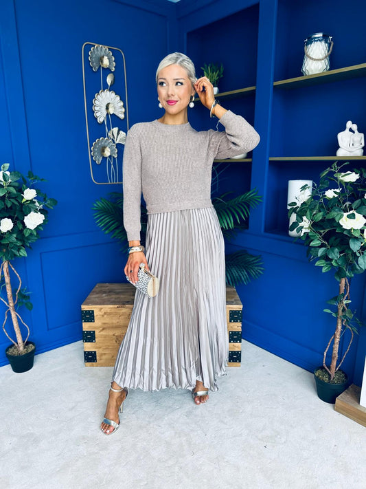Susan Knit & Satin Midi Dress Taupe